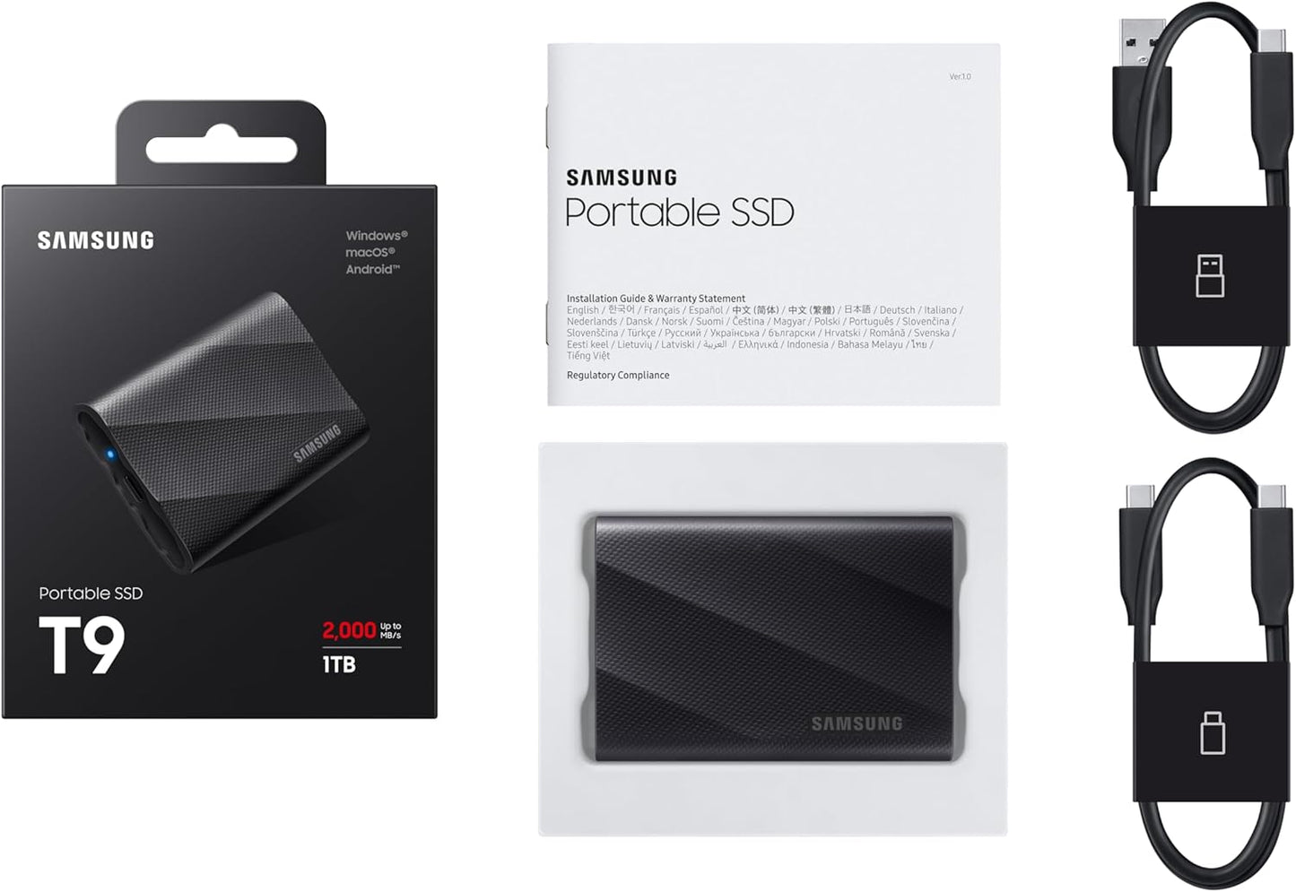10 pcs Samsung MU-PG1T0B/EU Portable SSD T9, 1TB, 2000MB/s Read, 2000MB/s Write, USB 3.2 Gen.2x2, External Hard Drive for Professional Users, Compatible with Mac, PC, Smartphone and 12K Cameras